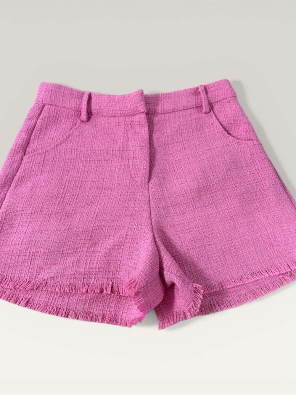 TCEC Pink Textured High-Waist Fringe Hem Women's Shorts